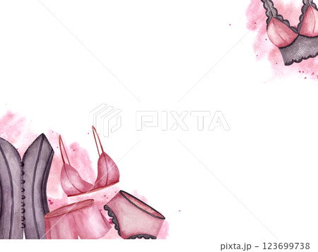 Postcard frame with lace Lingerie, pajamas and corset. Undies watercolor. Hand drawn illustration isolated from the background. Perfect for banner, brochure, logo, business card, women holidays Postcard frame with lace Lingerie, pajamas and corset. Undies watercolor. Hand drawn illustration isolated from the background. Perfect for banner, brochure, logo, business card, women holidays 123699738