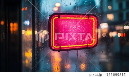 rainy night cityscape with neon sign 123699815