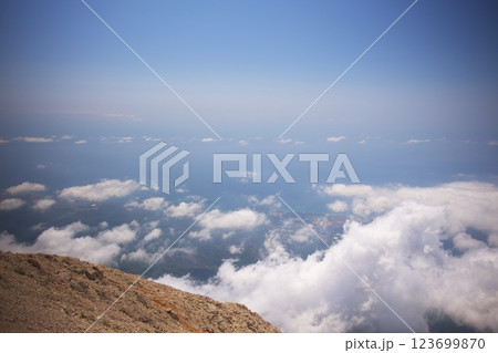 High mountain summit view above clouds with distant coastline High mountain summit view above clouds with distant coastline 123699870
