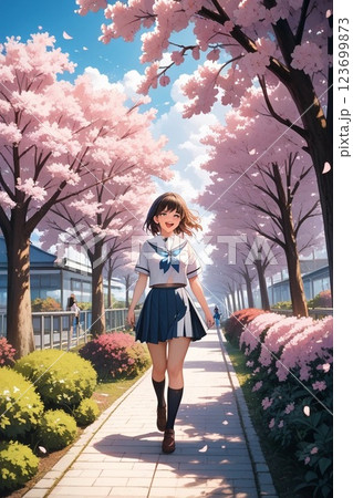 桜の下を歩く制服の女子高生 123699873