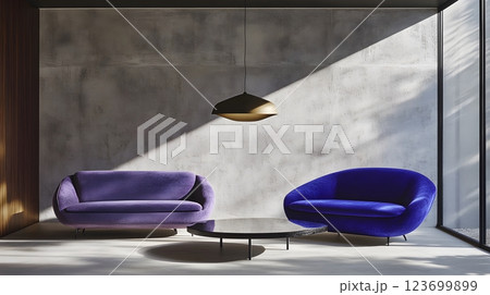 modern living room interior with purple and blue velvet sofas modern living room interior with purple and blue velvet sofas 123699899