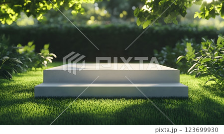 serene garden platform minimalist white stage in lush green gras 123699930