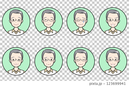 Icon set of emotions and expressions of senior and elderly men, green Icon set of emotions and expressions of senior and elderly men, green 123699941