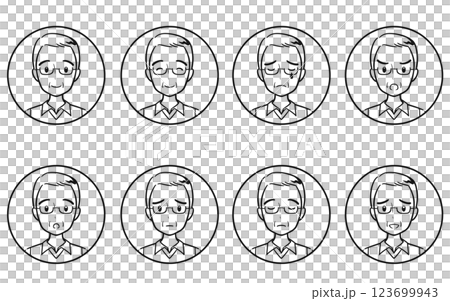 老年人和老年男性的情緒和各種面部表情的圖標集線畫 123699943