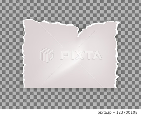 Torn paper. Empty white note, notebook page fragment, memo sheet. Abstract realistic element with grunge edge. Ripped banner, message label. Vector illustration isolated on transparent background 123700108