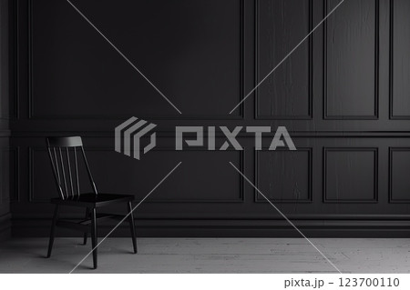 Living room in dark black tones with chair and classic black wall.Macro.AI Generative. 123700110