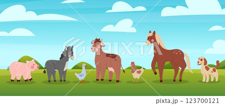 Farm animals. Cartoon agriculture mammals row. Cute cow and pig. Domestic goose. Grazing horse. Shepherd dog. Donkey at meadow. Countryside panorama. Summer village farmland. Vector farming landscape Farm animals. Cartoon agriculture mammals row. Cute cow and pig. Domestic goose. Grazing horse. Shepherd dog. Donkey at meadow. Countryside panorama. Summer village farmland. Vector farming landscape 123700121