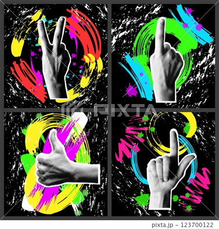 Hand gesture. Bright paintbrush splashes. Halftone newsprint textures. Thumb up. Victory sign. Pointing fingers. Abstract color brushstrokes. Grunge retro newspaper palms. Vector collage cards set Hand gesture. Bright paintbrush splashes. Halftone newsprint textures. Thumb up. Victory sign. Pointing fingers. Abstract color brushstrokes. Grunge retro newspaper palms. Vector collage cards set 123700122