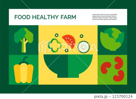 Food healthy farm. Abstract vegetables. Salad bowl. Green cabbage. Fresh pepper and broccoli. Organic pea beans. Tomato and cucumber. Geometric agriculture card. Vegan product. Vector Bauhaus banner 123700124