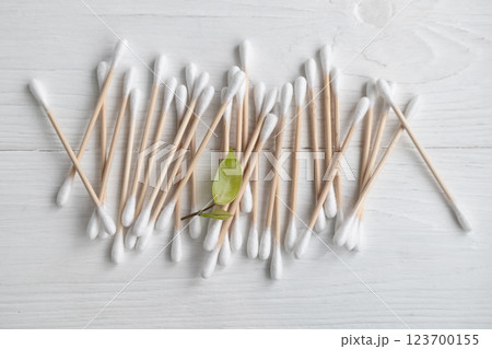 Bamboo cotton swabs on a white background. Waste-free cosmetics without the use of plastic. Eco-products. hygiene. 123700155