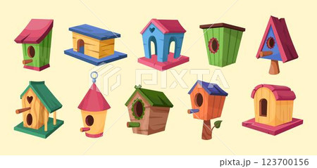 Bird in house. Cute birdhouse. Spring childish colorful home. Summer nature art. Garden wood decoration. Nesting box. Starling building with feeder. Cartoon animal shelter set. Vector flat tidy design 123700156