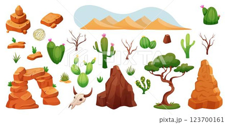 Desert view cartoon. Cactus plant. Summer sky. Mountain rock. Bare tree. Dry land. Sahara sandstone. Nature landscape. Wild west game. Animal skull. Arizona scenery. Vector wilderness element tidy set Desert view cartoon. Cactus plant. Summer sky. Mountain rock. Bare tree. Dry land. Sahara sandstone. Nature landscape. Wild west game. Animal skull. Arizona scenery. Vector wilderness element tidy set 123700161
