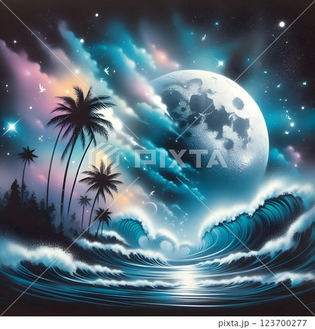 ヤシの木とサーフィン波とスーパームーン 123700277