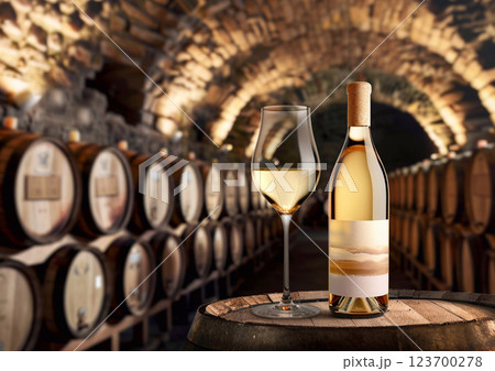 Glass and bottle of light luxury white wine on top of barrel in old castle winery.AI Generative. 123700278