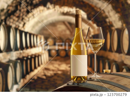 Glass and bottle of light luxury white wine on top of barrel in old castle winery.AI Generative. 123700279