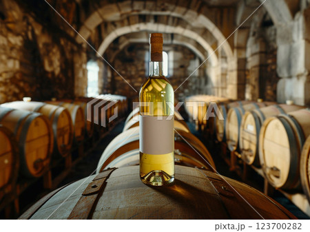 Bottle of light luxury old white wine on top of barrel in old castle winery.AI Generative. 123700282