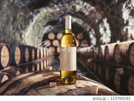 Bottle of light luxury old white wine on top of barrel in old castle winery.AI Generative. 123700283