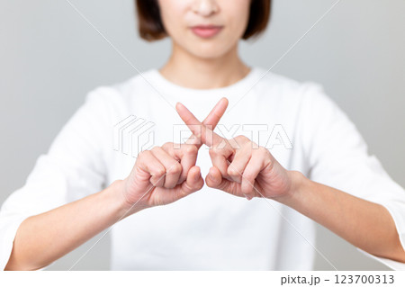 バツサインのジェスチャーをするミドル女性 バツサインのジェスチャーをするミドル女性 123700313