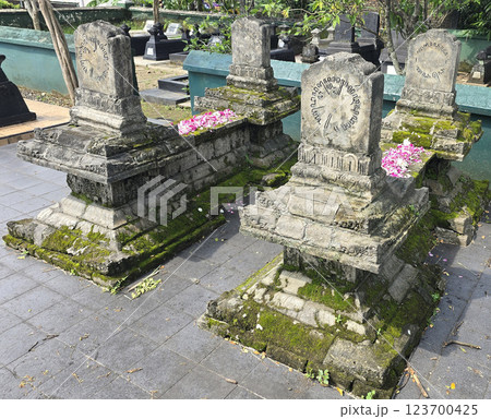 Ancient ancestors javanese king and queen burial in remote jawa, Indonesia, traditional moss-covered stone graves decorated with pink flower petals 123700425