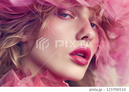 Beauty fashion portrait of beautiful woman with creative makeup and flowers.Macro.AI Generative. 123700510