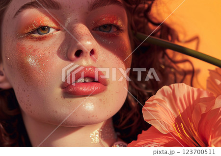 Beauty fashion portrait of beautiful woman with creative makeup and flowers.Macro.AI Generative. 123700511