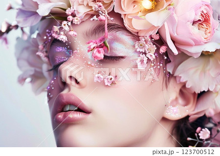 Beauty fashion portrait of beautiful woman with creative makeup and flowers.Macro.AI Generative. 123700512