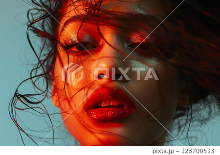 Fashion beauty portrait of young afro american woman with red eyeshadows.Macro.AI Generative. 123700513