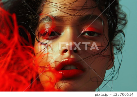 Fashion beauty portrait of young afro american woman with red eyeshadows.Macro.AI Generative. 123700514