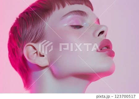 Close fashion magazine style beauty shot with professional model with purple and pink.AI Generative. Close fashion magazine style beauty shot with professional model with purple and pink.AI Generative. 123700517