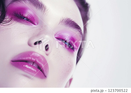Close up beauty studio portrait of beautiful woman with purple and pink makeup.Macro.AI Generative. 123700522