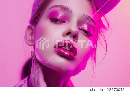 Close up beauty studio portrait of beautiful woman with purple and pink makeup.Macro.AI Generative. 123700524