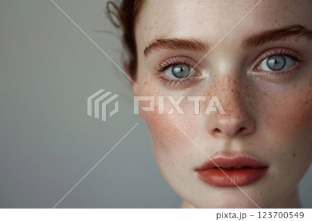 Natural makeup fashion beauty portrait of young beautiful woman magazine style photo.AI Generative. 123700549