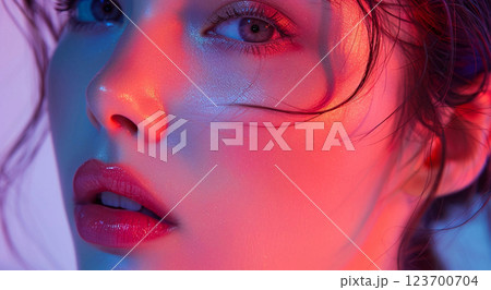 Magazine advertising style studio beauty portrait of beautiful woman with makeup.AI Generative. 123700704