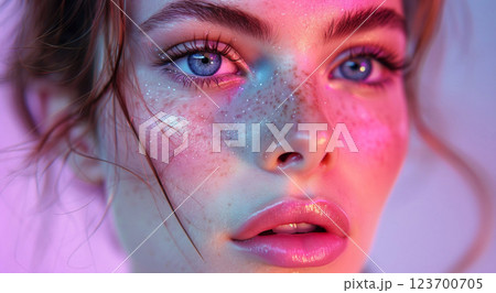 Magazine advertising style studio beauty portrait of beautiful woman with makeup.AI Generative. 123700705
