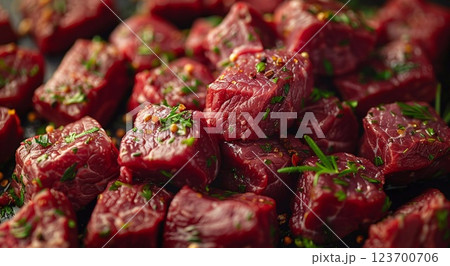 Cubed pieces of raw low fat goulash beef pieces on table wit herbs and spices.Macro.AI Generative. Cubed pieces of raw low fat goulash beef pieces on table wit herbs and spices.Macro.AI Generative. 123700706
