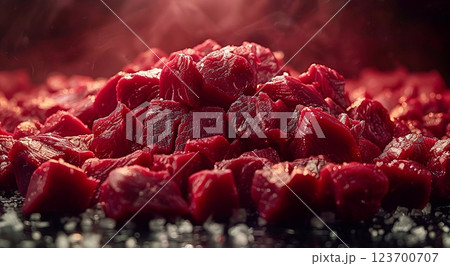 Cubed pieces of raw low fat goulash beef pieces on table wit herbs and spices.Macro.AI Generative. 123700707