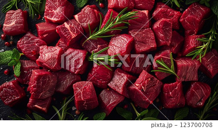 Cubed pieces of raw low fat goulash beef pieces on table wit herbs and spices.Macro.AI Generative. Cubed pieces of raw low fat goulash beef pieces on table wit herbs and spices.Macro.AI Generative. 123700708