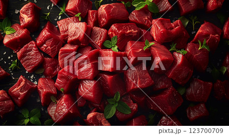 Cubed pieces of raw low fat goulash beef pieces on table wit herbs and spices.Macro.AI Generative. 123700709