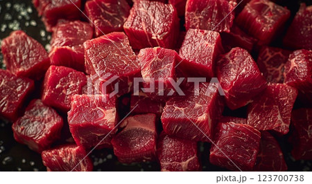 Cubed pieces of raw low fat goulash beef pieces on table wit herbs and spices.Macro.AI Generative. 123700738
