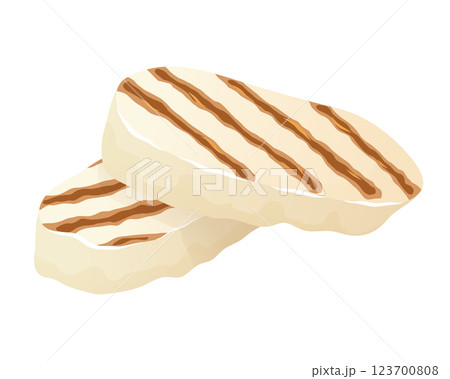 Fried halloumi cheese slices. Organic farm food. Design element, cartoon flat illustration for logo, poster, menu. Isolated on white background. Vector illustration Fried halloumi cheese slices. Organic farm food. Design element, cartoon flat illustration for logo, poster, menu. Isolated on white background. Vector illustration 123700808