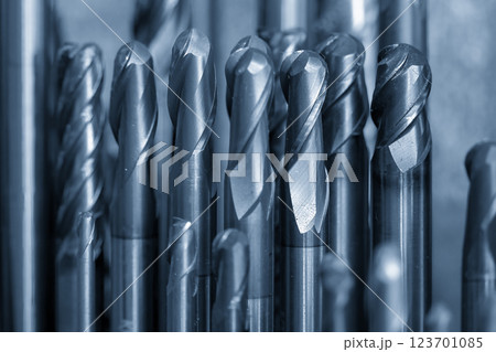 Close-up scene the group of used cutter end mill tool scene. 123701085