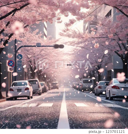 桜並木を走る車 123701121