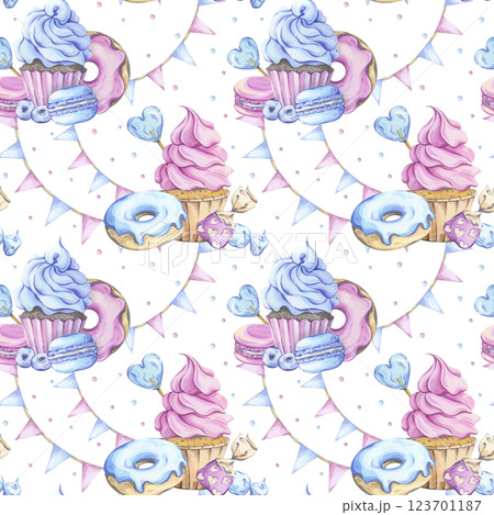 Festive watercolor pattern with sweets in blue and pink tones 123701187