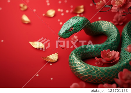 Green snake among golden coins and flowers on red background, symbol of 2025 year Green snake among golden coins and flowers on red background, symbol of 2025 year 123701188