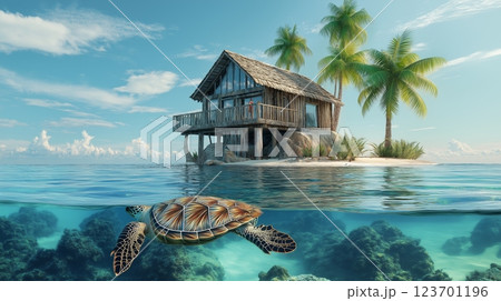 Tropical island beach view with a house and turtle swimming in clear waters near 123701196