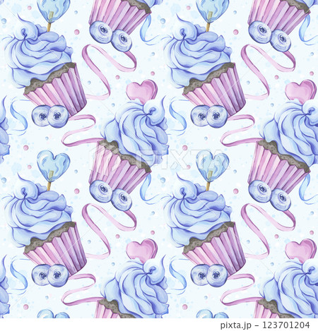 Seamless watercolor pattern with cupcakes and blueberries in blue tones Seamless watercolor pattern with cupcakes and blueberries in blue tones 123701204