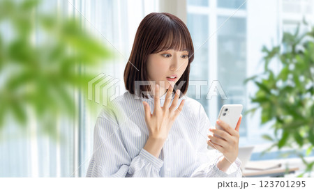 スマートフォンの画面を見て驚く女性・ビジネスウーマン スマートフォンの画面を見て驚く女性・ビジネスウーマン 123701295