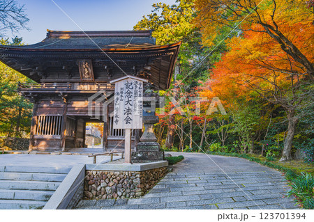 袋井市にある法多山尊永寺の参道と紅葉の風景(静岡県) 123701394