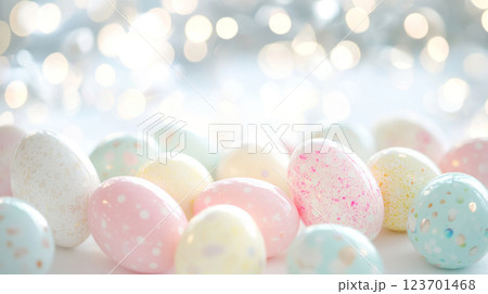 Easter eggs in soft pastel hues with a blurred lights background 123701468