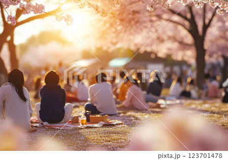 Spring Cherry blossom festival with people enjoying picnic under blooming trees Spring Cherry blossom festival with people enjoying picnic under blooming trees 123701478